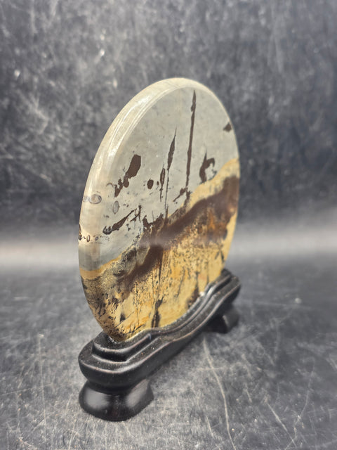 Natural picture jasper slab with stand! 5 ounces, 3.5 inches wide