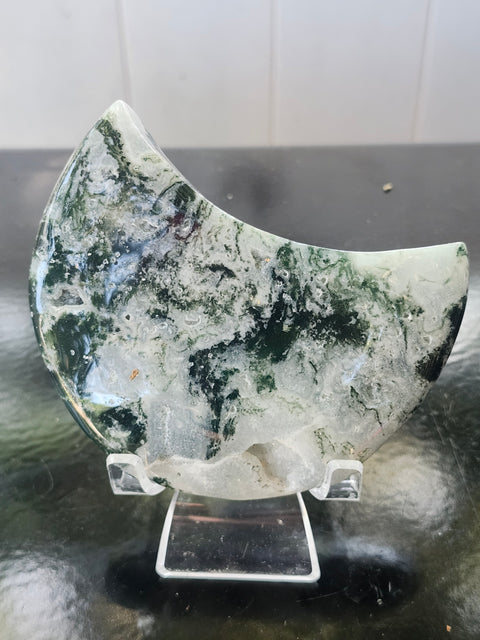 Druzy moss agate moon! 9.6 ounces, 4 inches