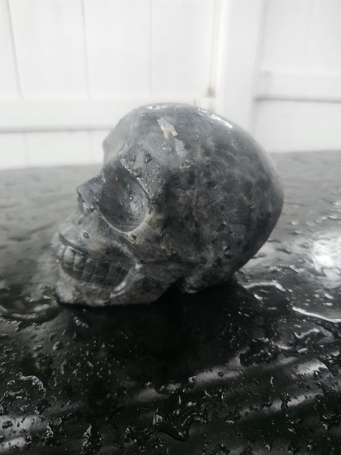Larvikite skull! 1.3 pounds, 3.7 inches long, 2.7 tall, 2.2 wide