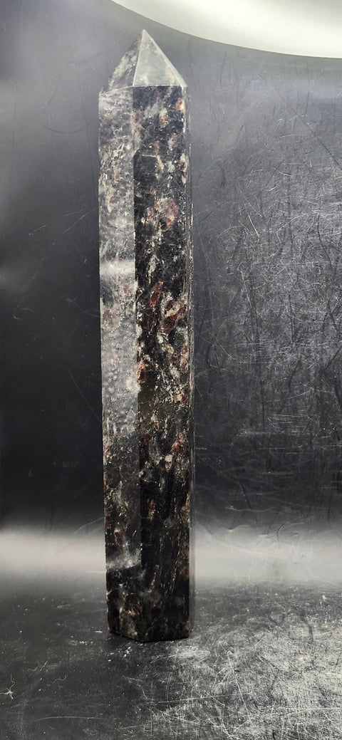 Large Astrophyllite garnet firework tower 8 inches tall, 14 ounces