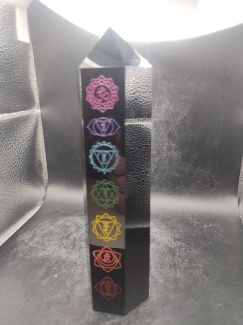 Large 7 chakra black obsidian tower! 7 inches tall, 1.2 pounds!