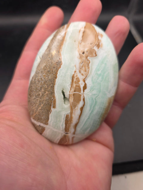 Caribbean calcite palm stone! 6.4 ounces, 3.4 inches wide