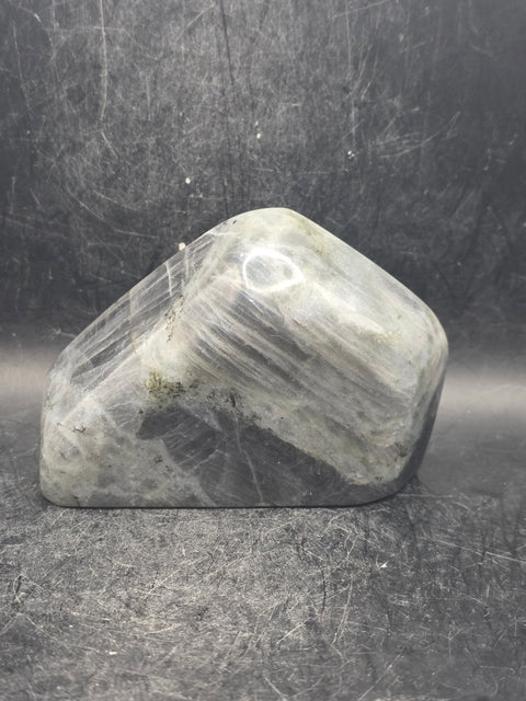 Purple flash sunset labradorite free form, 13.7 ounces, 3.8 inches wide