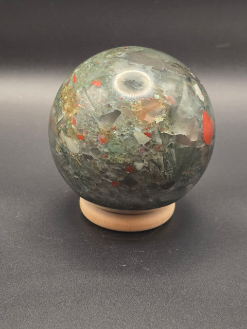 African bloodstone sphere! 74.8mm, 2.9 inches, 1.4 pounds