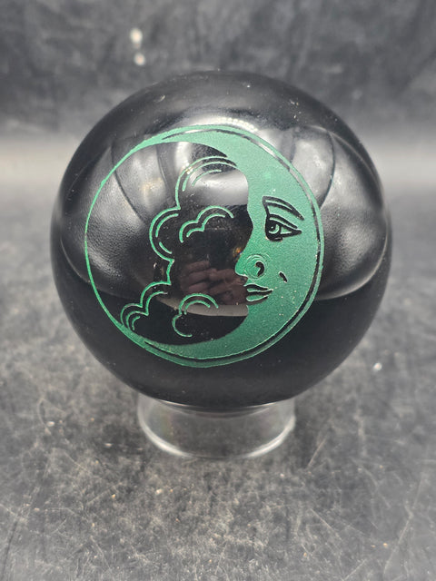 Black obsidian green faced moon! 2.5 inches, 11.5 ounces!