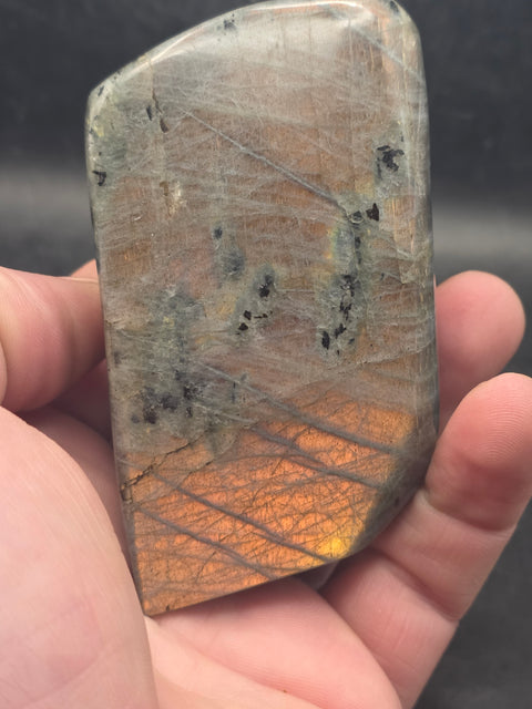 Orange flash sunset labradorite free form! 9.4 ounces, 3.4 inches wide