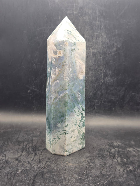 Large moss agate tower! 6.1 inches tall, 15 ounces!