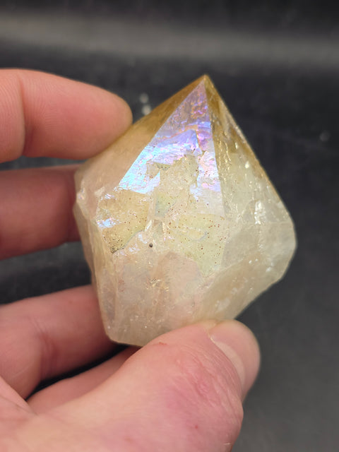 Angel aura citrine polished top point! 5.4 ounces, 2.3 inches tall