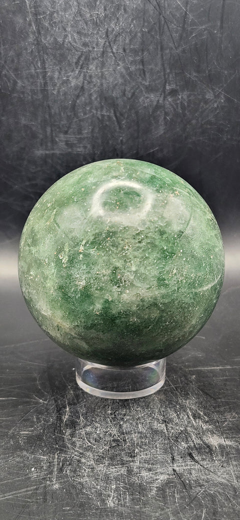 Green florite sphere with silver sparkles!! 68.5mm, 15.7 ounces