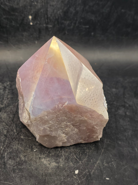 Aura rose quartz polished top point! 13.2 ounces, 3 inches by 3 inch