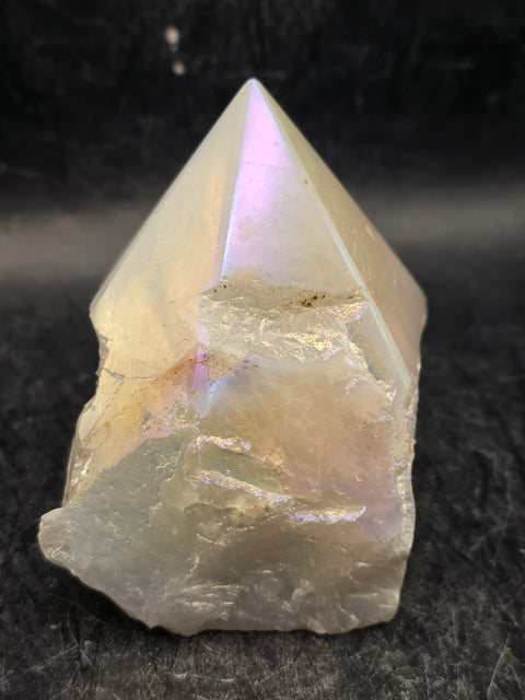 White pearl aura quartz polished top point, 6.3 ounces, 2.6 inches tall