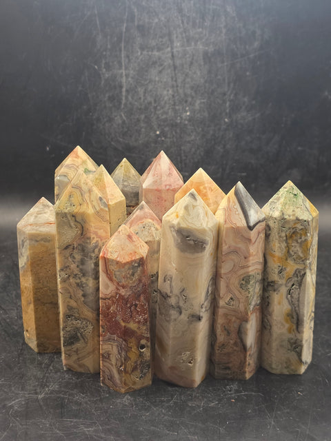 Crazy lace agate tower! 2.8 too 3.6 inches tall!