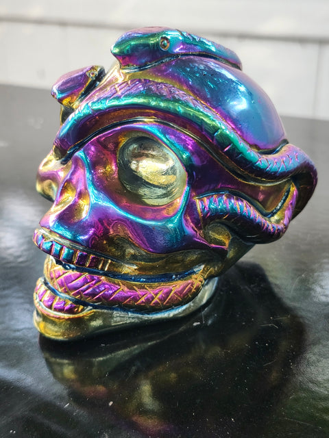 Titanium obsidian skull & snake! 1.1 pound, 3.7 inches long, 3 tall, 2.5 wide