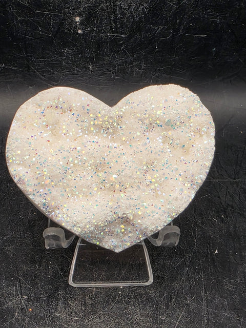 White pearl aura quartz heart! 4 ounces, 2.6 inches wide, 2.2" tall
