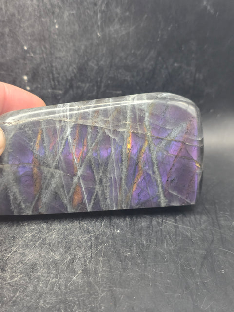 Purple flash sunset labradorite free form, 15 ounces 4 inches wide