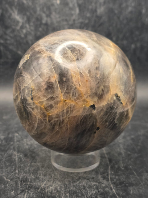 Black moonstone sphere! 73.7 mm, 2.9 inches, 1.3 pounds