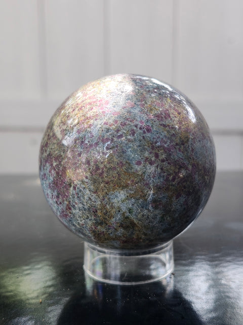 Ruby in kyanite sphere 14.5 ounces, 60mm, 2.36 inches uv reactive