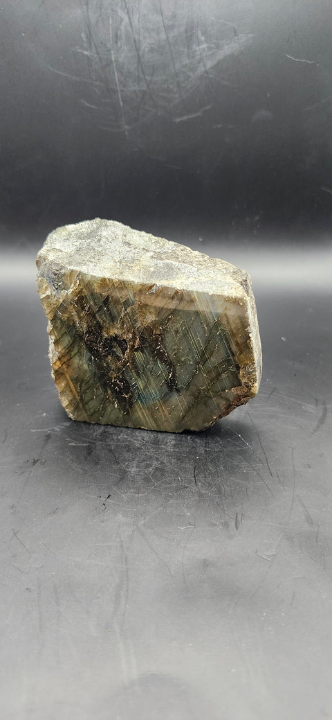 One side polished labradorite freeform. 9.3 ounces, 2.9 by 2.7 inches
