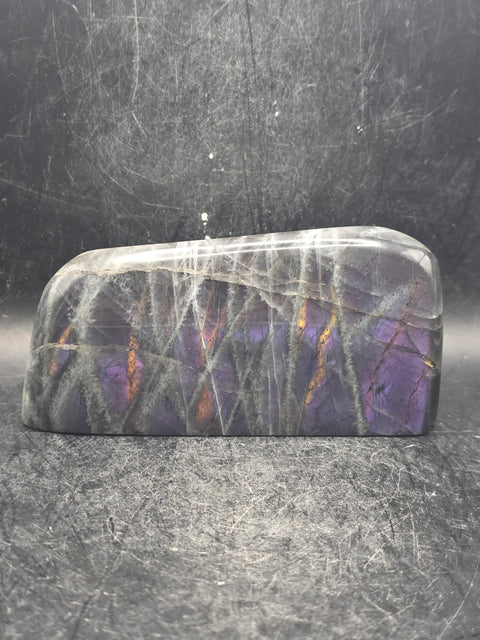 Purple flash sunset labradorite free form, 15 ounces 4 inches wide
