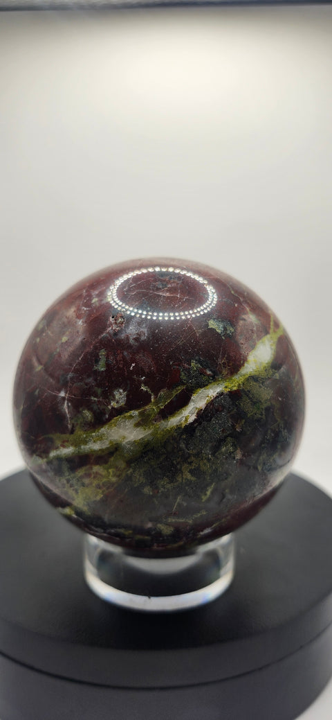 Dragon bloodstone sphere! 79.8mm, 3.14 inches, 1.11 pounds