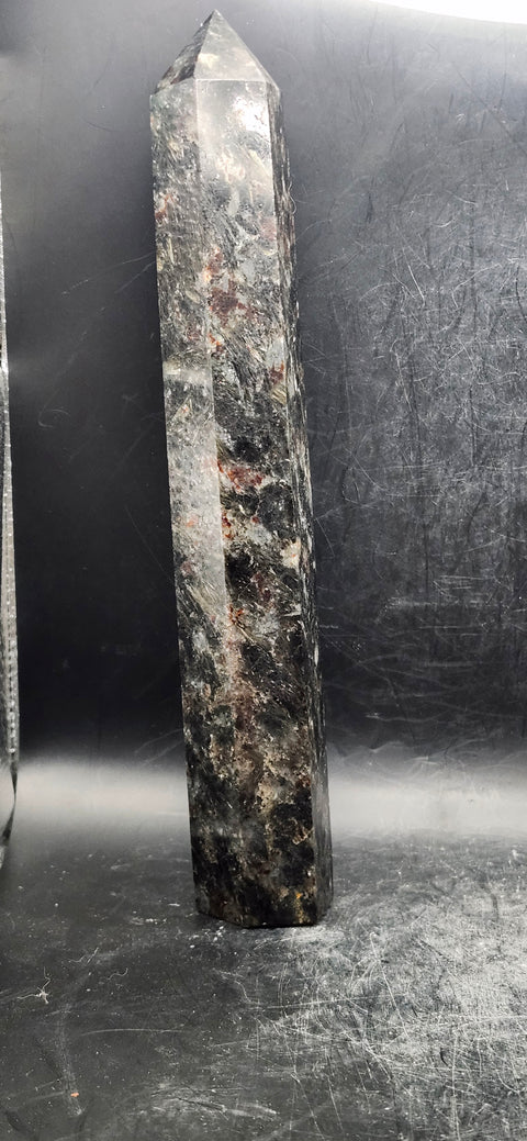 Large Astrophyllite garnet firework tower 8 inches tall, 14 ounces