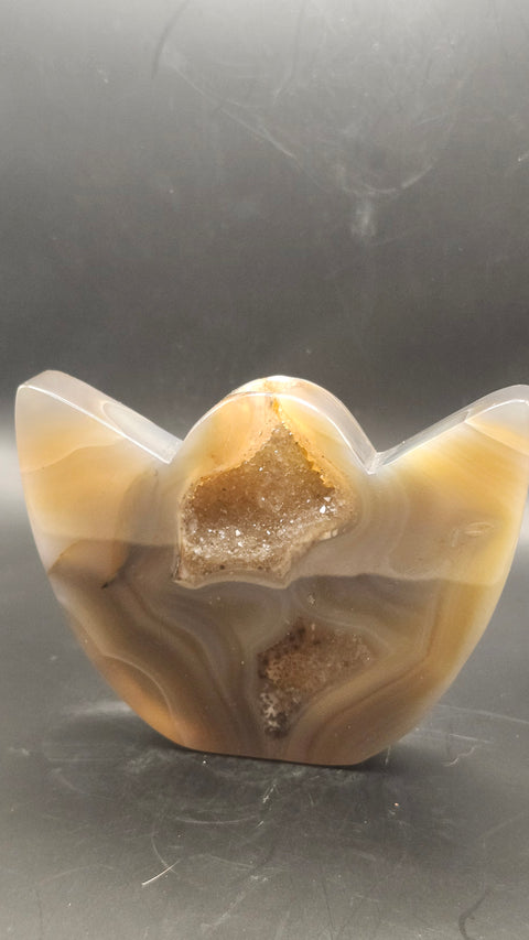 Druzy agate lotus flower. 3.75 inches wide by 2.85 tall, 7 ounces