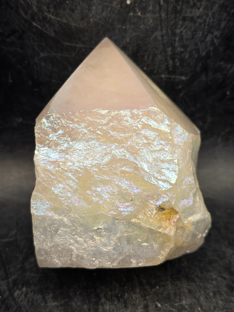 White pearl aura quartz polished top point, 6.3 ounces, 2.6 inches tall