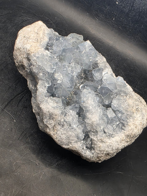 Large blue calcite geode! 1.15 pounds, 5.3 inches long, 2.3" wide