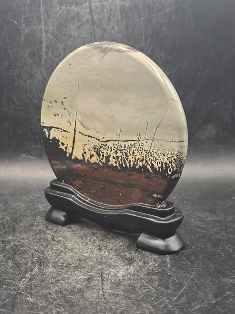Natural picture jasper slab with stand! 5 ounces, 3.5 inches wide