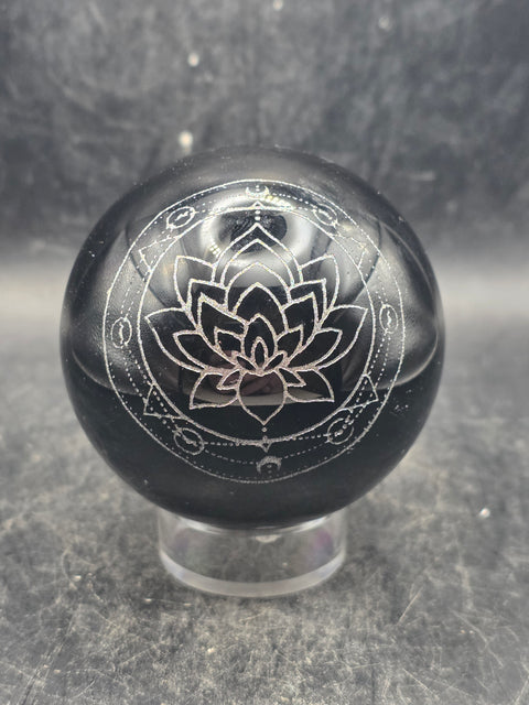 Black obsidian silver lotus flower sphere! 9.8 ounces, 2.3 inches!