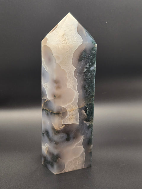 Jumbo moss agate tower! 8 inches tall, 2.12 pounds! 2.5" by 2" base