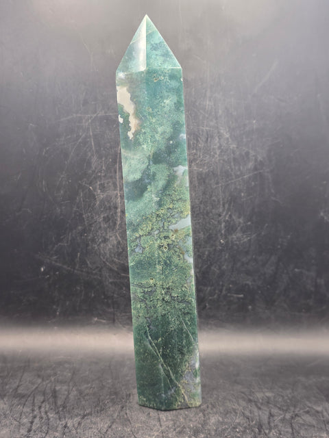 Large moss agate tower! 7.4 inches tall, 13.6 ounces!