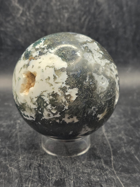 Druzy moss agate sphere! 65.8mm, 2.5 inches, 13.1 ounces