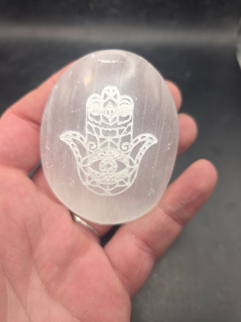 Selenite etched hamsa hand palm stone! 2.6 inches wide