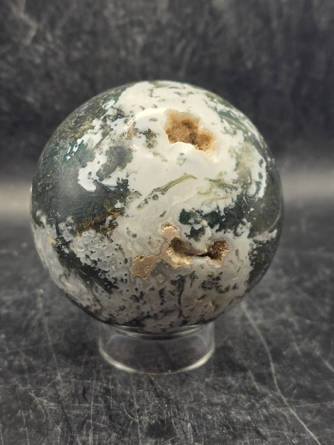 Druzy moss agate sphere! 65.8mm, 2.5 inches, 13.1 ounces