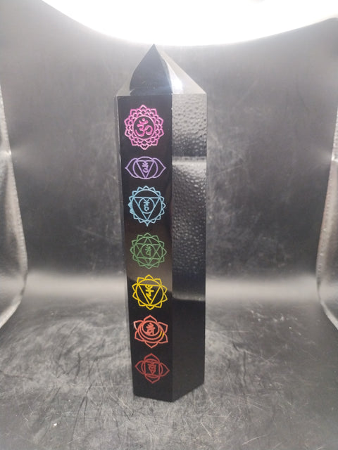 Large 7 chakra black obsidian tower! 7 inches tall, 1.2 pounds!