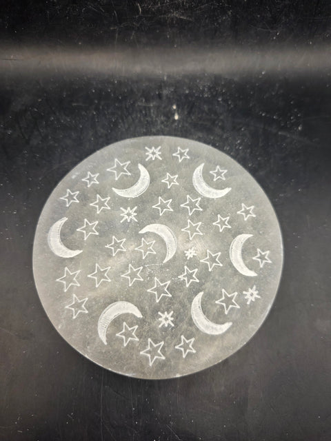 Selenite sun and moon etched charging plate! 4 inches wide