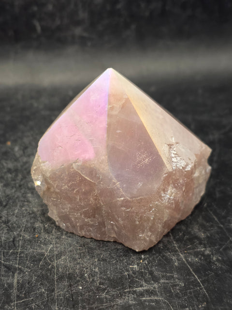 Rose aura quartz polished top point, 5.8 ounces, 1.9 inches tall, 2.4" wide