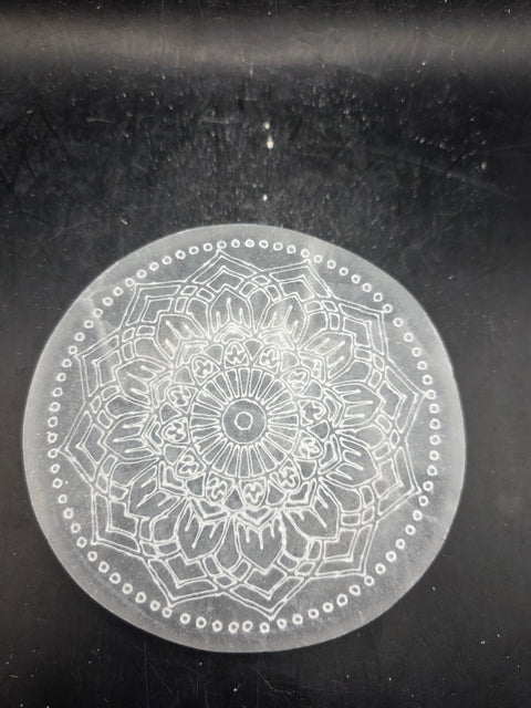 Selenite etched mandala charging plate! 4 inches wide