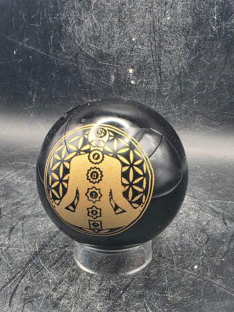 Gold 7 Chakra black obsidian sphere, 58.4mm, 2.2 inches, 8.7 ounces