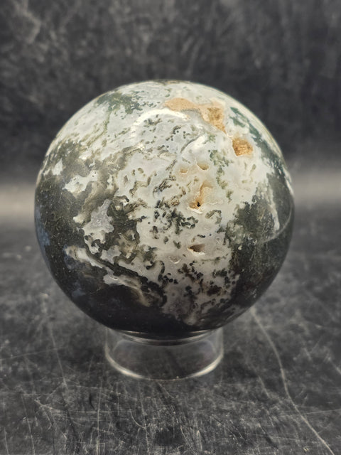 Druzy moss agate sphere! 65.8mm, 2.5 inches, 13.1 ounces