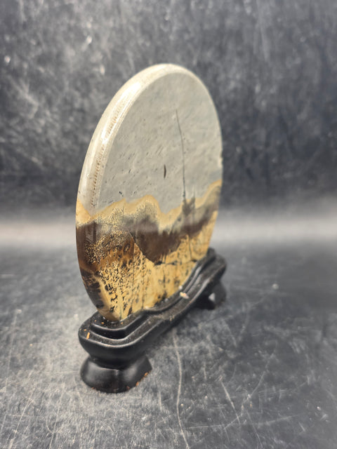 Natural picture jasper slab with stand! 5 ounces, 3.5 inches wide