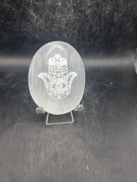 Selenite etched hamsa hand palm stone! 2.6 inches wide