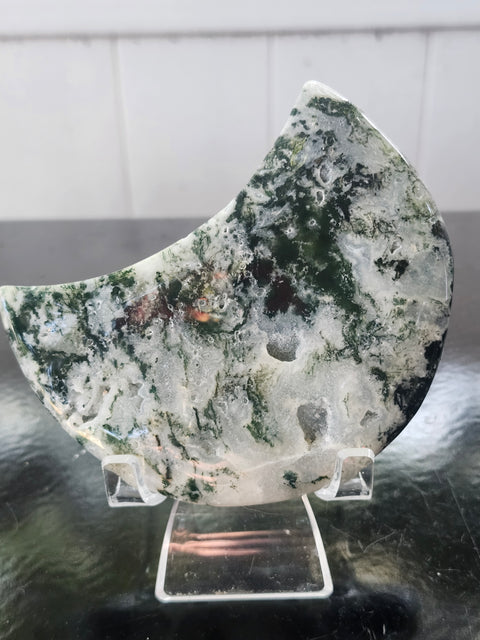 Druzy moss agate moon! 9.6 ounces, 4 inches