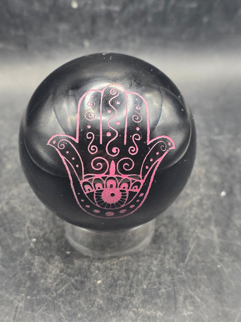 Black obsidian pink hamsa hand sphere! 7.8 ounces, 2.2 inches!
