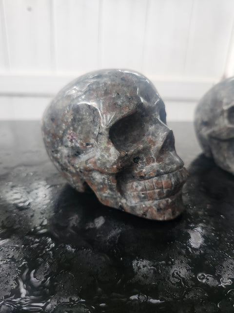 Flame stone yooperlite skull, 1.1 pound, 3.8 inches long, 3.1 tall, 2.3 wide