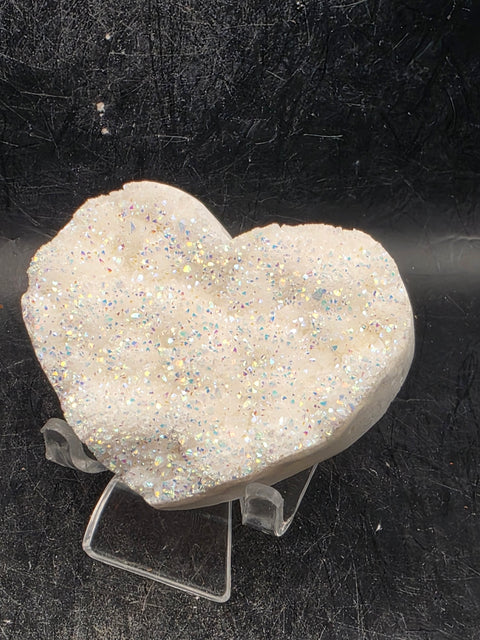 White pearl aura quartz heart! 4 ounces, 2.6 inches wide, 2.2" tall