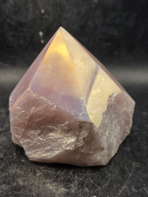 Aura rose quartz polished top point! 13.2 ounces, 3 inches by 3 inch