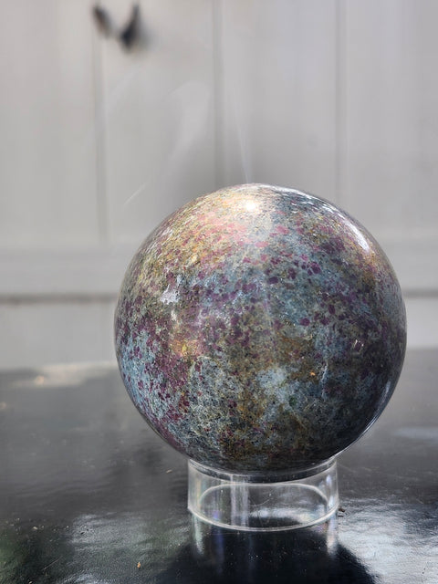 Ruby in kyanite sphere 14.5 ounces, 60mm, 2.36 inches uv reactive