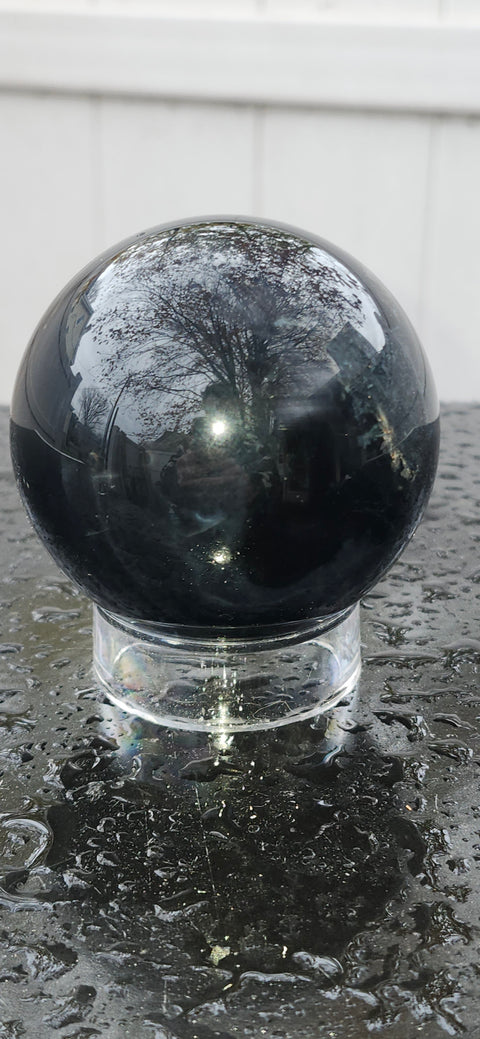 Black agate sphere! 67.3mm, 2.6 inches, 14.7 ounces